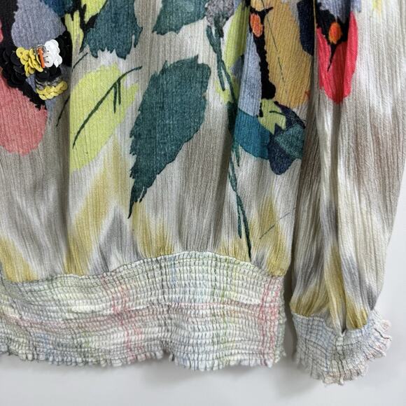 Anthropologie Blank London Floral Watercolor Top XS Smocked Sequin Chevron Boho - Picture 8 of 16